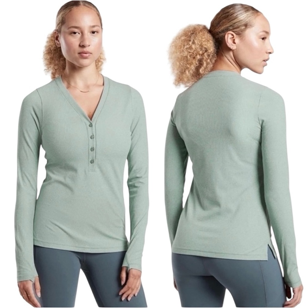 Athleta Uptempo Ribbed Henley Top Pullover Minimalistic Gray Green Size 1X